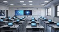 Modern classroom technology setup with interactive whiteboard and laptops for engaging education Royalty Free Stock Photo