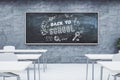 Contemporary classroom interior wuth creative back to school sketch on chalkboard. Education, knowledge, and wisdom concept. 3D