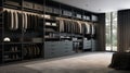 Contemporary closet featuring black shelving against charcoal grey walls, filled with clothes