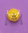 Contemporary collage. Cute angry lemon isolated over purple background. Drawn citrus in a cartoon style. Funny meme