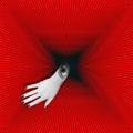 Contemporary collage. A hand with an eye and black nails on a red background emerges from a black hole. Halloween concept, art, Royalty Free Stock Photo