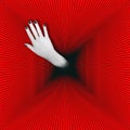 Contemporary collage. A hand with black nails on a red background emerges from a black hole. Halloween concept, art, abstraction Royalty Free Stock Photo