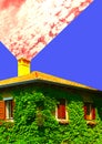 Contemporary collage. House in the Italian style from the chimney of which there is smoke in the form of a pink sky. Concept