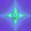Contemporary collage. Sculpture of the head of an ancient mythological goddess against the background of glowing neon rays. Art