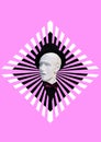 Contemporary collage. Sculpture of a man`s head in a black hat, shirt and bow-tie on a pink background