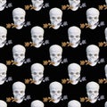 Contemporary collage. Seamless pattern of white skulls with a gold and silver rose in teeth on a black background Royalty Free Stock Photo