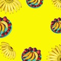 Contemporary collage. Top view on bananas and a plate with melon, peaches and strawberries on a yellow background. The