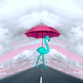 Contemporary collage. A turquoise flamingo under a red umbrella is walking along the road against a sky with clouds