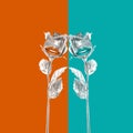 Contemporary collage. Two roses with silver lips and smiles on an orange-turquoise background. The concept of psychology