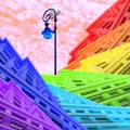 Contemporary collage. View of a street lamp against an orange sky surrounded by rainbow-colored buildings. LGBT concept