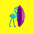 Contemporary collage. View of a turquoise flamingo on a yellow background, in front of which is a purple umbrella. The