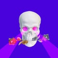 Contemporary collage. White skull with roses in teeth and a pink laser from the eyes on a blue background Royalty Free Stock Photo