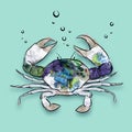 Contemporary conceptual art collage with drawn sea animal crab filled with garbage and plastic waste. Pollution, saving Royalty Free Stock Photo