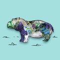Contemporary conceptual art collage with painted animal hippo filled with garbage and plastic waste. Pollution, saving
