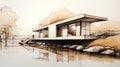 Contemporary Conceptual Sketch Luxury Tiny Home On River With Sun And Bridge