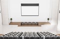 Contemporary concrete auditorium interior with empty banner, seatings and daylight. Workshop concept. Royalty Free Stock Photo