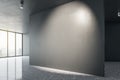 Contemporary concrete gallery interior with mock up place on walls and window with city view. Museum or apartment concept. 3D