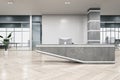 Contemporary concrete and hardwood office interior with reception desk and window with city view. Office lobby and waiting area Royalty Free Stock Photo