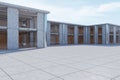 Contemporary concrete office building exterior on bright blue sky backgroound. 3D