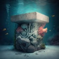 Contemporary concrete podium in a seabed rock and coral scene AI generation
