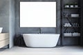 Contemporary concrete and wooden bathroom interior with empty white mock up banner, various objects. Royalty Free Stock Photo