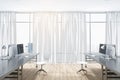 Contemporary concrete and wooden coworking office interior with white curtains, windows and city view, furniture, equipment, Royalty Free Stock Photo