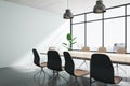 Contemporary concrete and wooden meeting room office interior with panoramic windows, city view, lamps and furniture. 3D