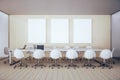 Contemporary conference interior with three blank banner