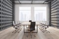 Contemporary conference room interior with furniture and window with city view and daylight. Wooden concrete floor and wall,