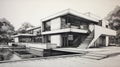 Modern House Pencil Drawing: Realist Landscapes With Sharp Perspective Angles Royalty Free Stock Photo