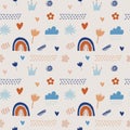 Contemporary cute seamless pattern with rainbows, raindrops and doodle Brush Strokes