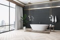 Contemporary designer bathroom interior with various decorative items, window with city view and curtains. 3D Rendering Royalty Free Stock Photo