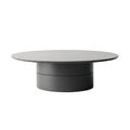 A sleek modern dark gray circular coffee table with a cylindrical pedestal base isolated on white background Royalty Free Stock Photo