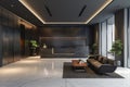 Contemporary dark gray office lobby design with a stylish meeting room visible through glass