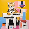 Contemporary De Stijl Painting: Whimsical Tiger With Top Hat
