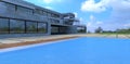 Contemporary design house made concrete and glass. Stunning pool with blue clean water. Amazing clouds above. 3d render Royalty Free Stock Photo