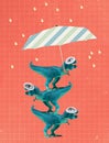 Contemporary design of three dinosaurs holding umbrella to shelter from rain