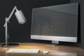 Contemporary designer wooden desktop with empty mock up computer monitor, lamp and keyboard.