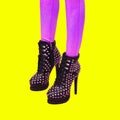 Contemporary digital collage art. Boots Lady shoes unrecognizable feet in isometry. Fashion Disco party concept