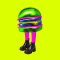 Contemporary digital collage art. Burgers funny Character. Fast food lover concept