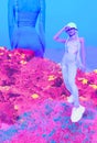 Contemporary digital collage art. Girl back in 90s pop zine fashion culture. Creative dreamer nature space