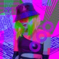 Contemporary digital collage art. Techno Party fashion Lady. Minimal geometry style