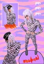 Contemporary digital funky minimal collage poster. Fashion zebra Ladies look. Back in 90s. Pop art zine fashion, music, clubbing