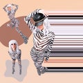 Contemporary digital funky minimal collage poster. Fashion zebra Ladies look. Back in 90s. Pop art zine fashion, music, clubbing