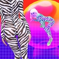 Contemporary digital funky minimal collage poster. Stylish zebra Girl in abstract vaporwave space. Back in 90s. Pop art zine