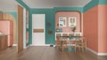 Contemporary dining room and kitchen in turquoise, orange and wooden tones, round table with chairs, rattan commode, entrance door