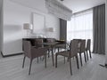 Contemporary dining room with a large rectangular dining table with eight brown leather chairs and a black picture dresser and