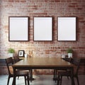 Modern Dining Room with Blank Frames and Brick Wall Royalty Free Stock Photo