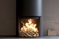 Contemporary domestic pellet stove with flames, stylish and efficient