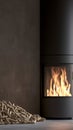 Contemporary domestic pellet stove with flames, stylish and efficient